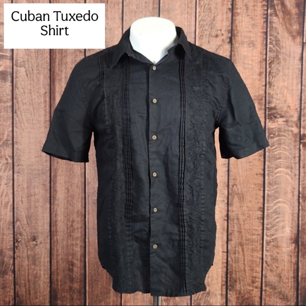 NWOT Rare Black Ruffled and Embroidered Linen Blend Cuban Tuxedo Shirt